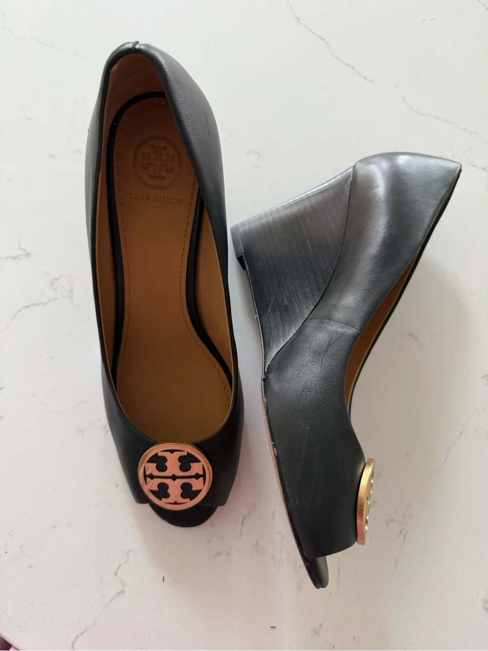 Tory Burch Black Leather Peep-Toe Heels with Gold Logo Medallion